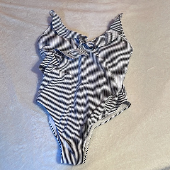 Pink Lily Navy Blue & White Striped Ruffle One Piece Swimsuit - Picture 6 of 10